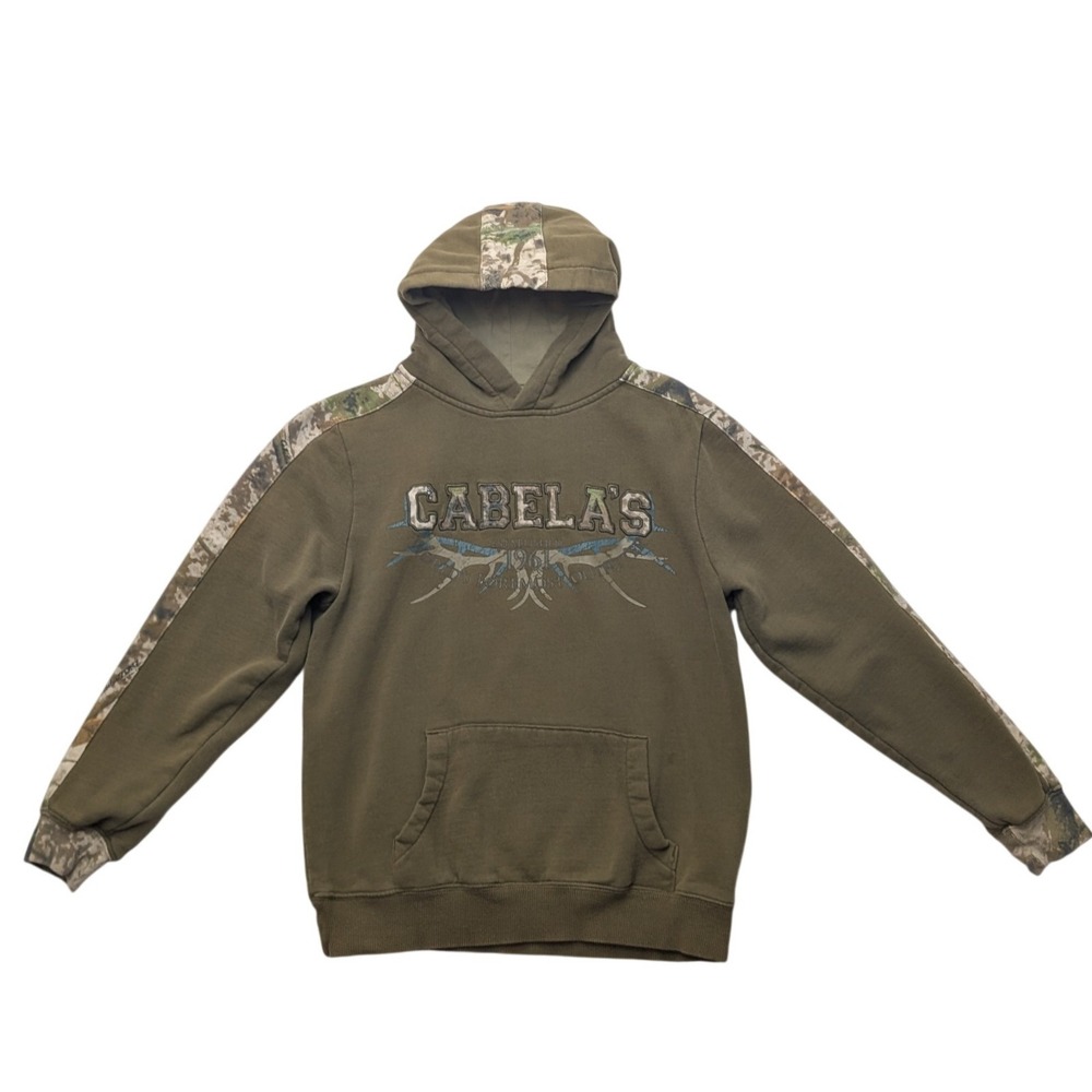 Cabela's Hoodie Kids Large Olive Green Camo Accents Pullover Sweatshirt